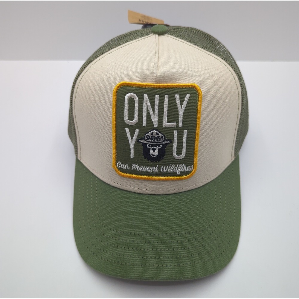 Smokey Bear Only You Prevent Wildfires Trucker Hat Mesh Snapback Green Cream NEW - Picture 7 of 12
